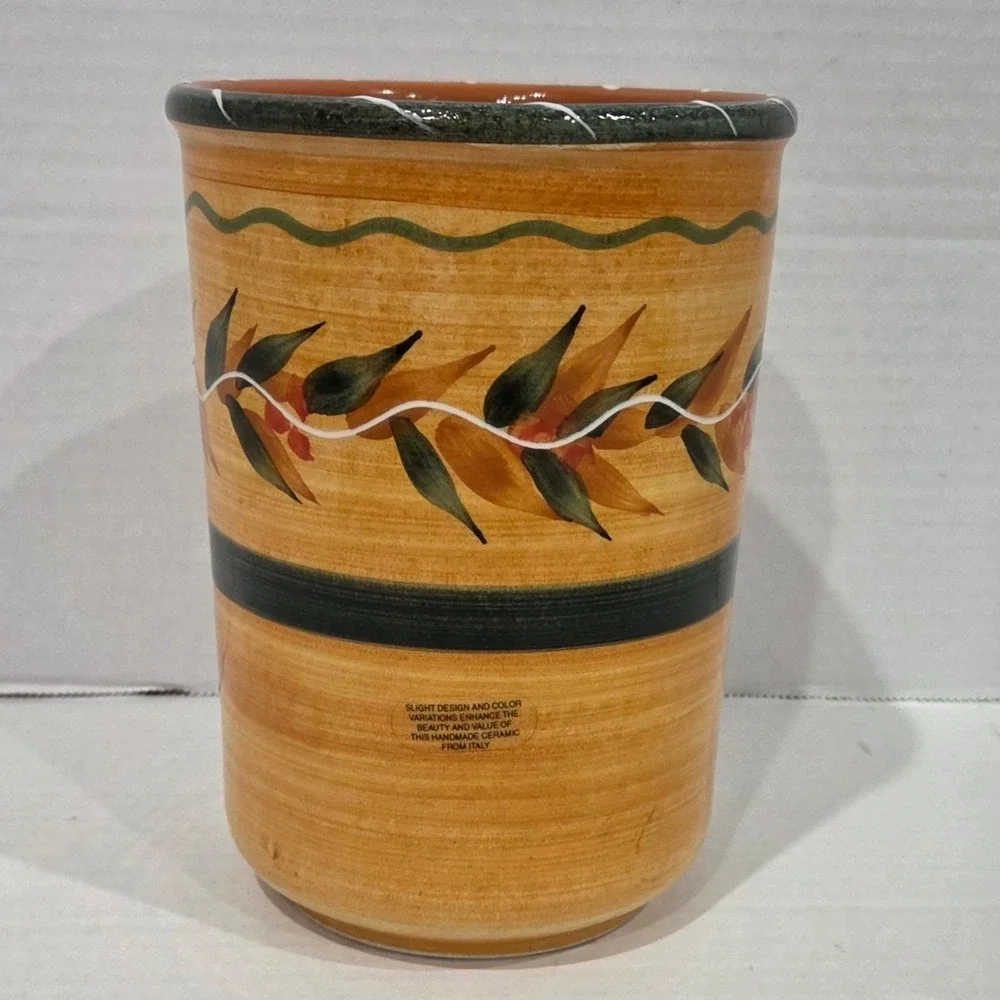 Furio Home Italy Handmade Ceramic Utensil Holder Crock Hand Painted Leaf Yellow